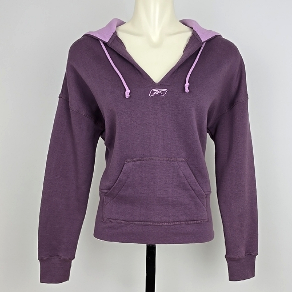 Reebok Women's Purple Pink Pullover Hoodie Sweatshirt Front Pocket Fleece Line M